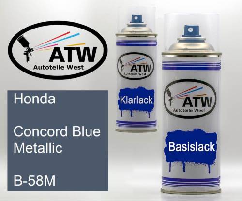 Honda, Concord Blue Metallic, B-58M: 400ml Sprühdose + 400ml Klarlack - Set, von ATW Autoteile West.